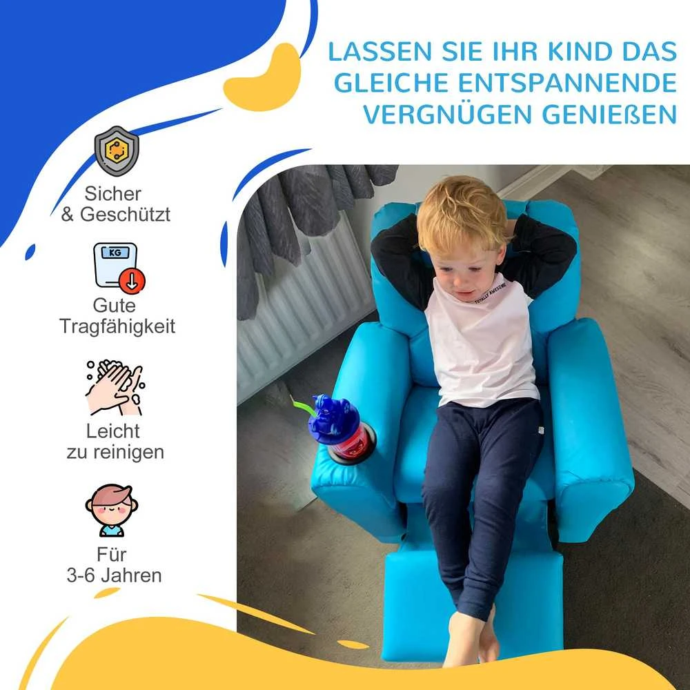 HOMCOM vaikiškas fotelis su atsilenkimo funkcija, mini sofa 3–6 metų vaikams, mėlyna, su įmontuotu puodelio laikikliu, 62x52x69 cm