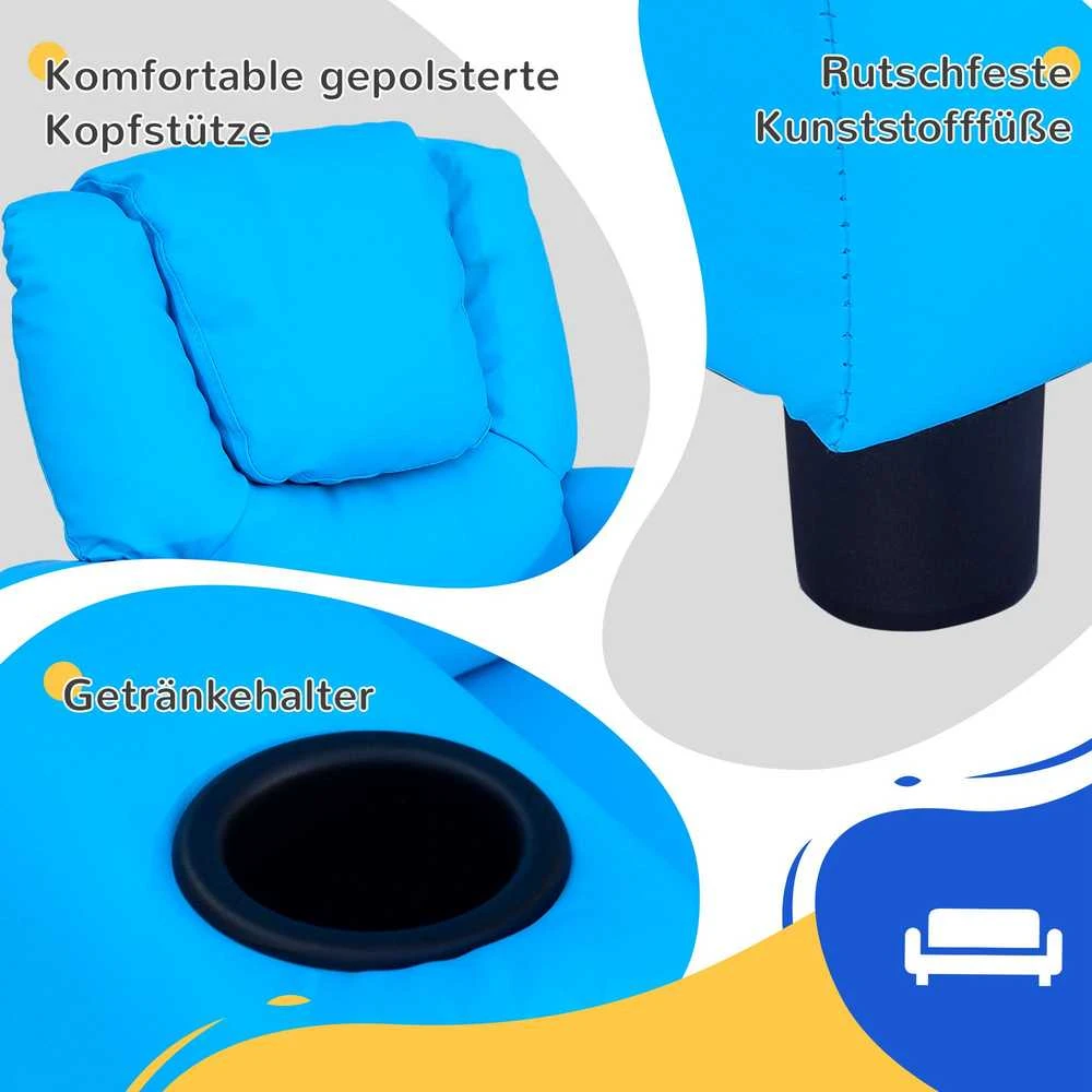 HOMCOM vaikiškas fotelis su atsilenkimo funkcija, mini sofa 3–6 metų vaikams, mėlyna, su įmontuotu puodelio laikikliu, 62x52x69 cm