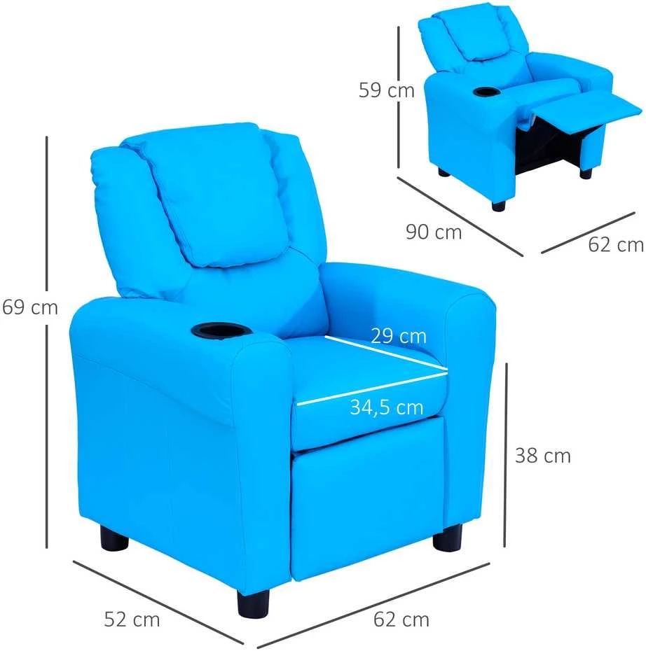 HOMCOM vaikiškas fotelis su atsilenkimo funkcija, mini sofa 3–6 metų vaikams, mėlyna, su įmontuotu puodelio laikikliu, 62x52x69 cm