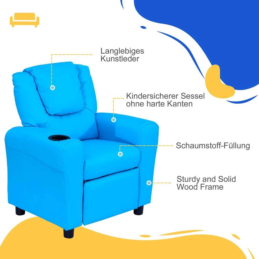 HOMCOM vaikiškas fotelis su atsilenkimo funkcija, mini sofa 3–6 metų vaikams, mėlyna, su įmontuotu puodelio laikikliu, 62x52x69 cm