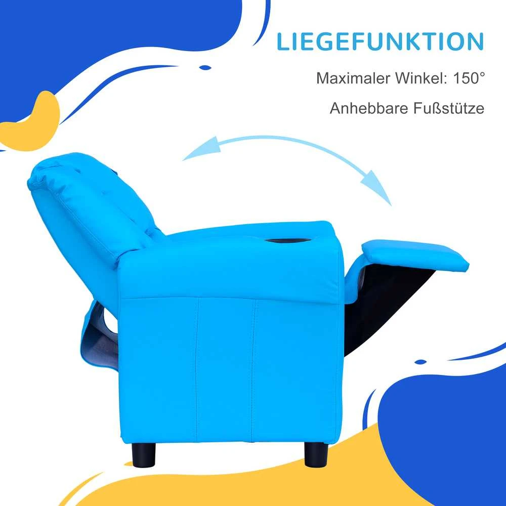 HOMCOM vaikiškas fotelis su atsilenkimo funkcija, mini sofa 3–6 metų vaikams, mėlyna, su įmontuotu puodelio laikikliu, 62x52x69 cm