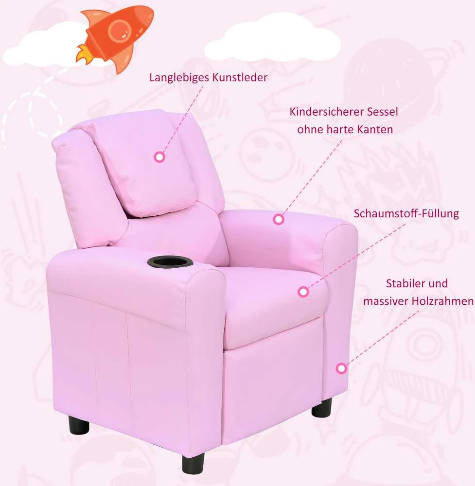 HOMCOM vaikiška sofa su atlošimo funkcija, fotelis vaikams 3–6 metų, rožinė, su puodelių laikikliu, 62x56x69cm