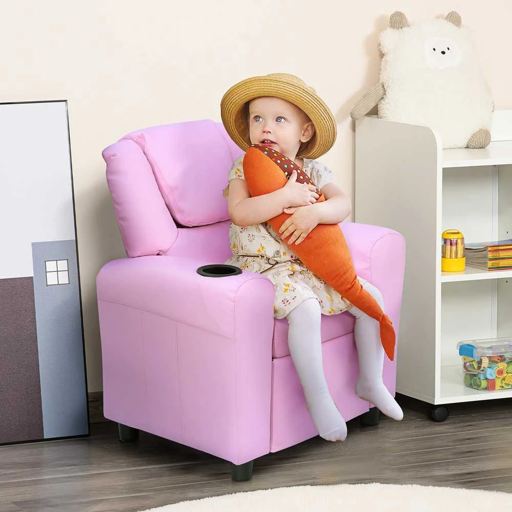 HOMCOM vaikiška sofa su atlošimo funkcija, fotelis vaikams 3–6 metų, rožinė, su puodelių laikikliu, 62x56x69cm