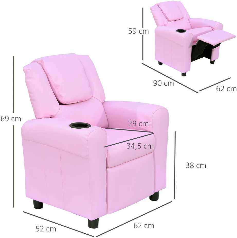 HOMCOM vaikiška sofa su atlošimo funkcija, fotelis vaikams 3–6 metų, rožinė, su puodelių laikikliu, 62x56x69cm