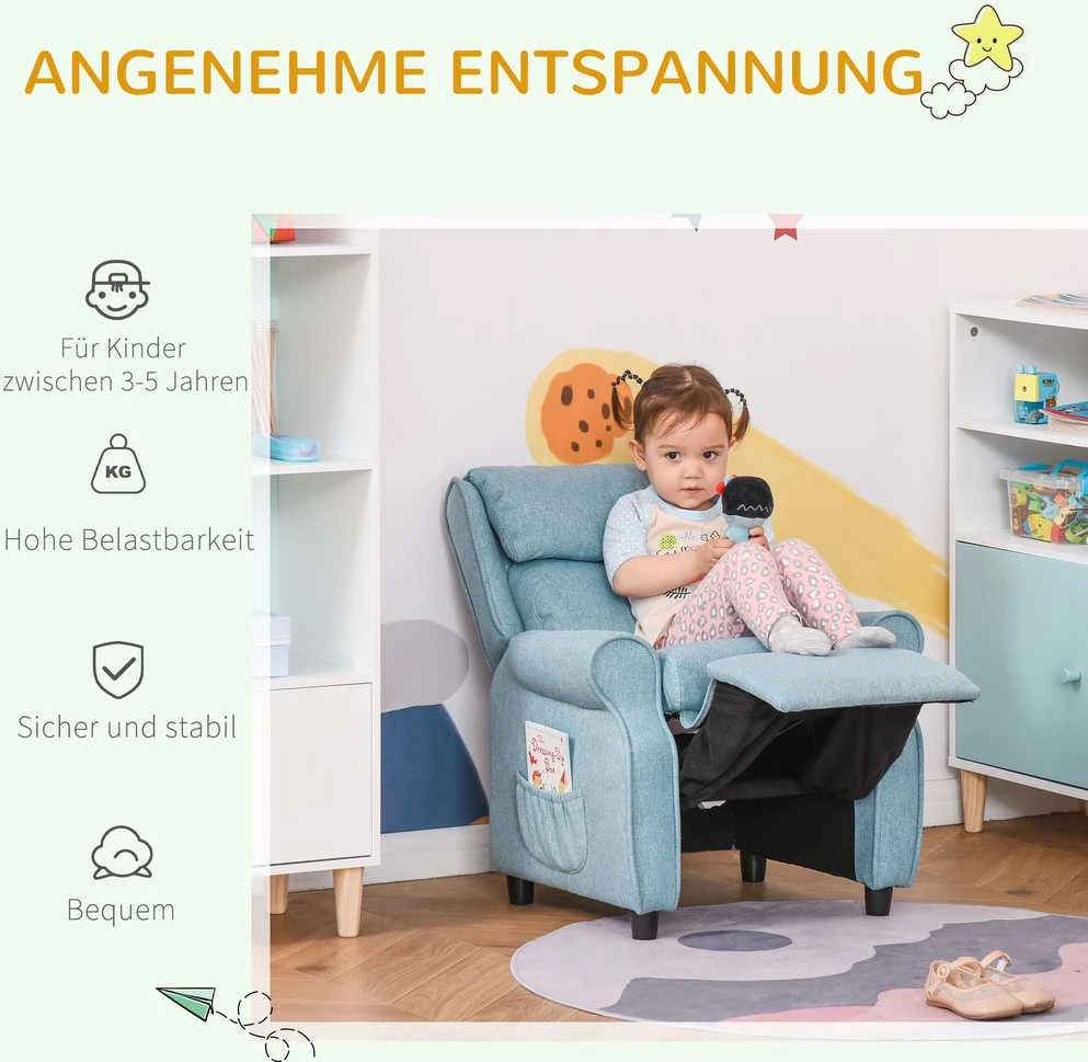 Vaikiška sofa HOMCOM, vaikiška kėdutė su reguliuojama atlošimo funkcija ir pakoja, mėlyna, 3–5 metų vaikams, 58x53x70 cm