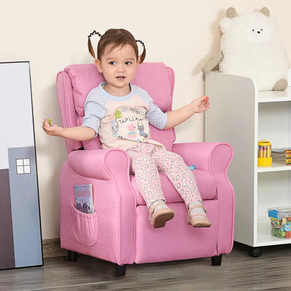 Reguliuojama vaikiška sofa HOMCOM su kojų atrama, patogus vaikiškas fotelis 3–5 metų vaikams, rožinė, 58x53x70 cm, puikiai tinka berniukams ir mergaitėms