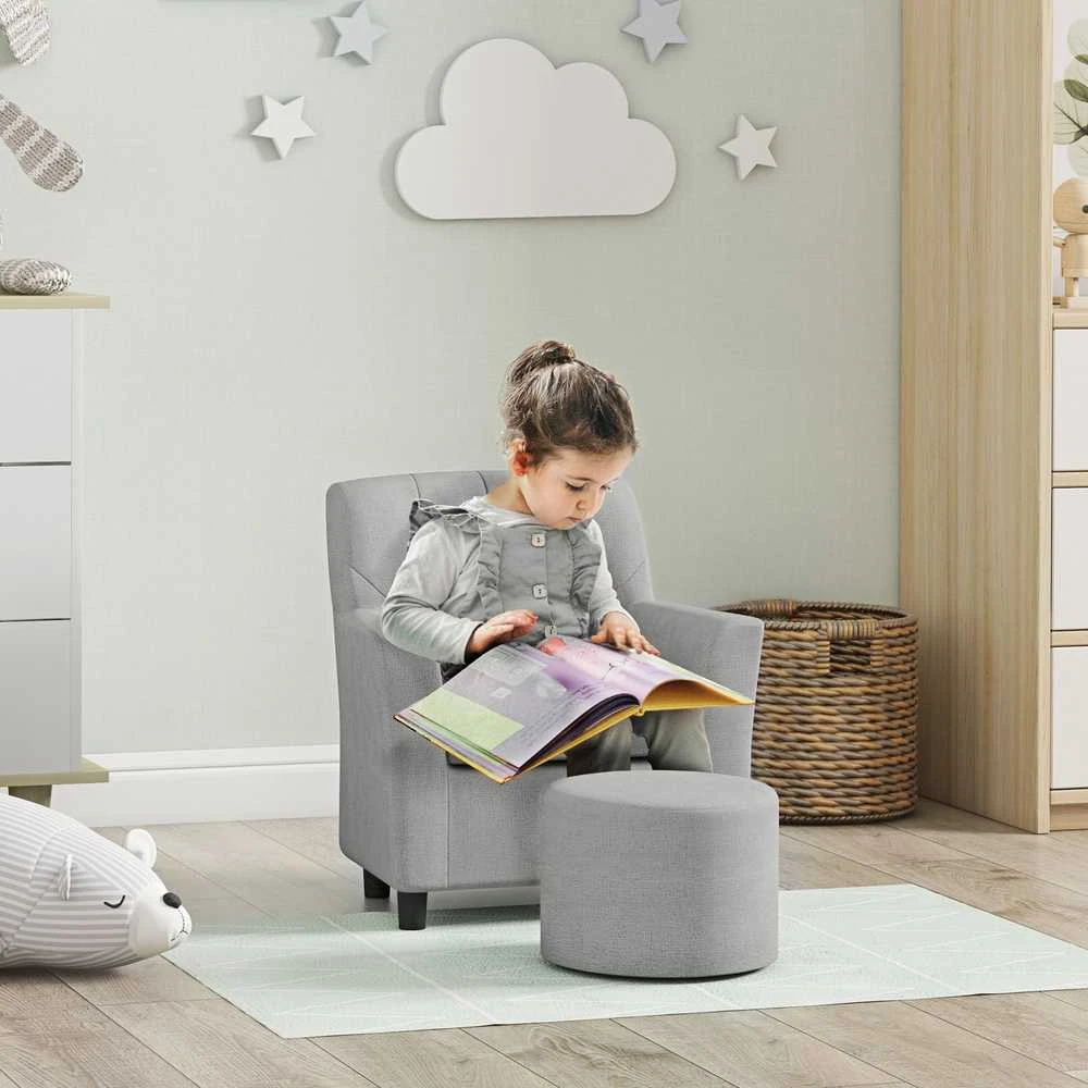 AIYAPLAY vaikiškas fotelis, vaikiška sofa su pakoja, vaikiškas baldų komplektas nuo 18 mėnesių, lininio audinio išvaizda, eukalipto mediena, pilka, 45 x 43 x 50,5 cm