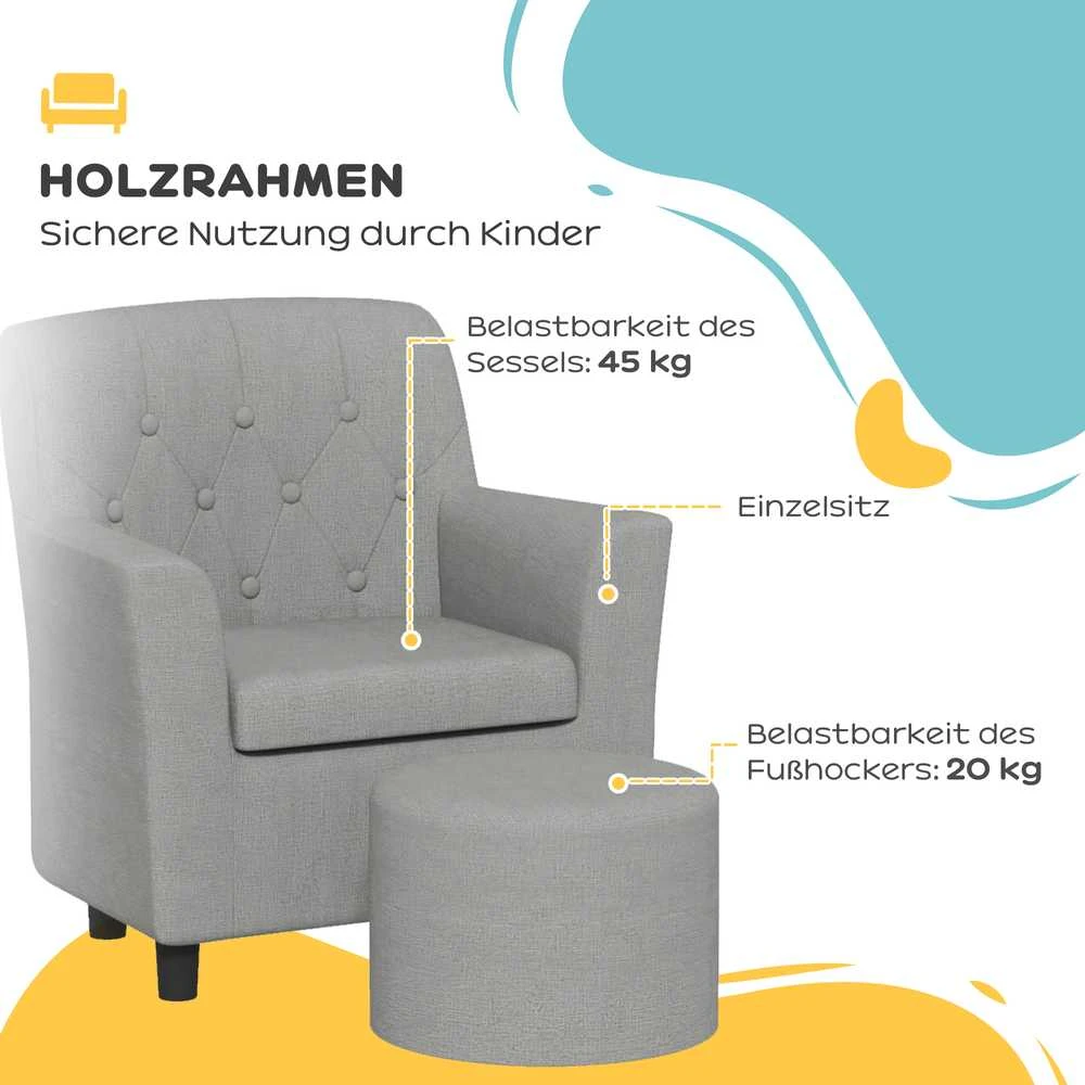 AIYAPLAY vaikiškas fotelis, vaikiška sofa su pakoja, vaikiškas baldų komplektas nuo 18 mėnesių, lininio audinio išvaizda, eukalipto mediena, pilka, 45 x 43 x 50,5 cm