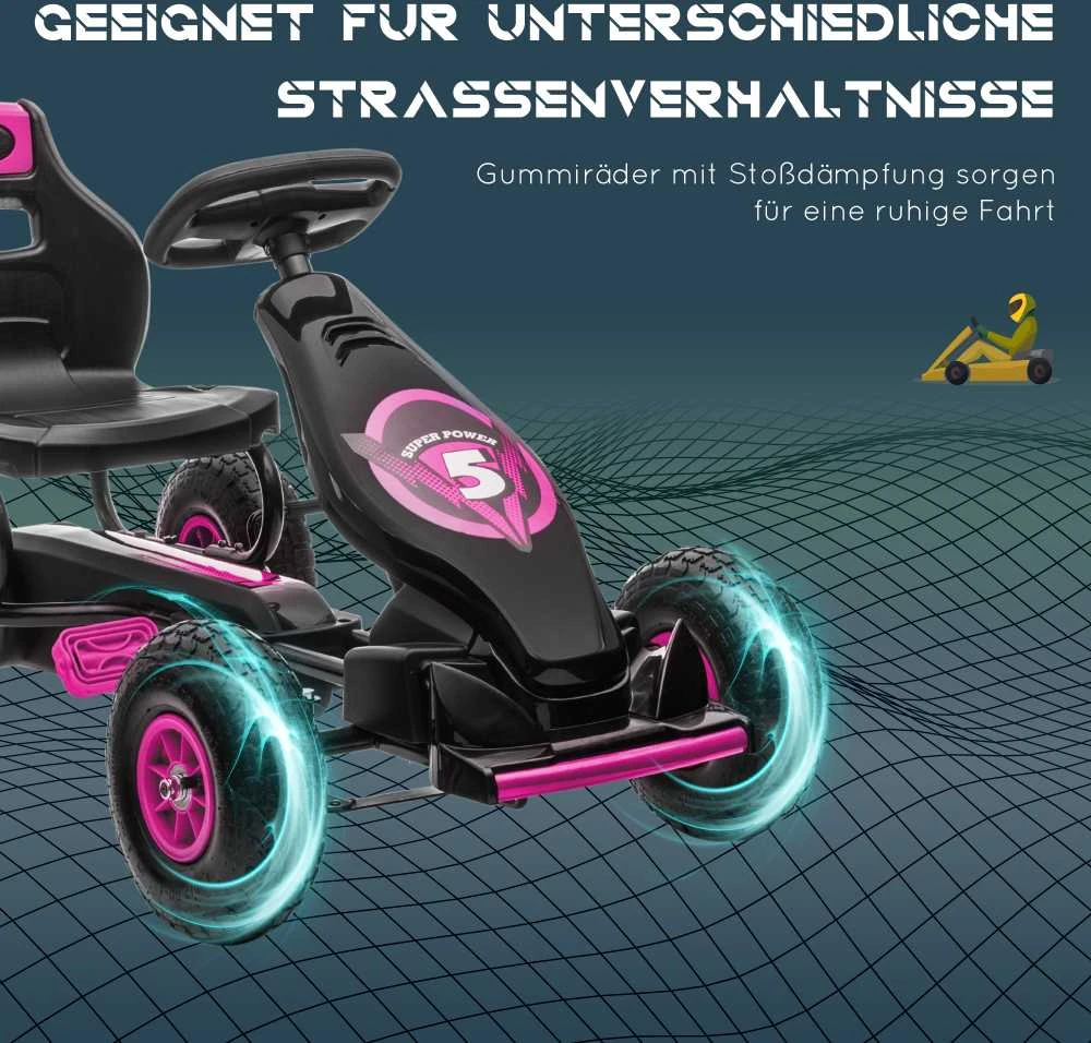HOMCOM vaikiškas kartingas, reguliuojama sėdynė, guminės padangos, pedalai ir rankinis stabdis, pedalinis automobilis 5–12 metų vaikams, lauko, rožinė