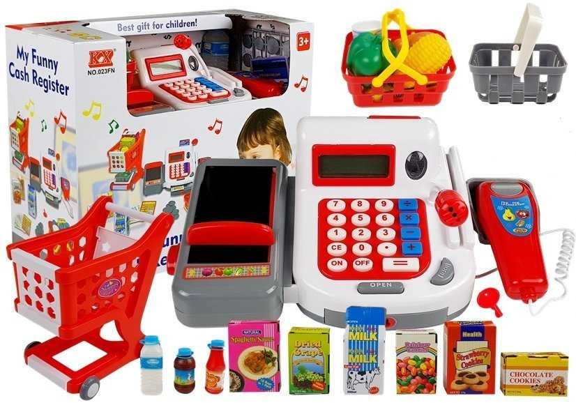 Lean Toys Vaikiškas kasos aparatas su vežimėliu ir krepšeliais