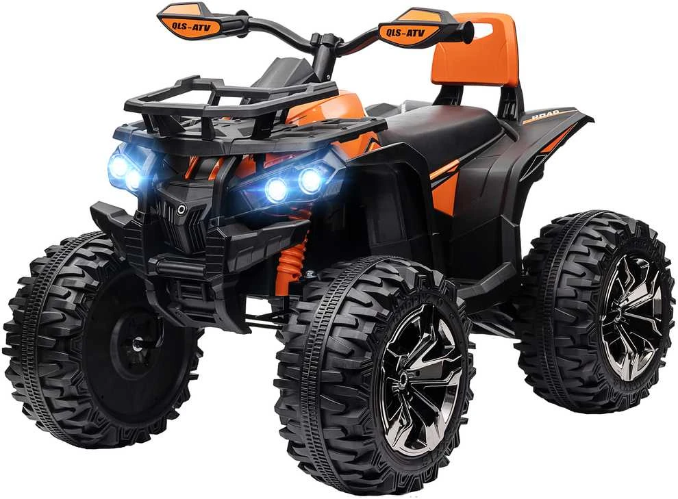 Vaikiškas keturratis HOMCOM, 12V 10Ah, su pirmyn ir atgal važiavimo funkcija, 2 varikliais, USB jungtimi, MP3 grotuvu, žibintais, 3-8 km/val., vaikams nuo 3-5 metų, oranžinis