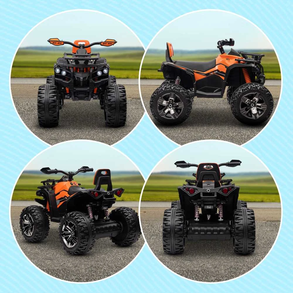 Vaikiškas keturratis HOMCOM, 12V 10Ah, su pirmyn ir atgal važiavimo funkcija, 2 varikliais, USB jungtimi, MP3 grotuvu, žibintais, 3-8 km/val., vaikams nuo 3-5 metų, oranžinis