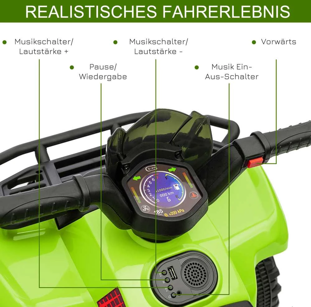HOMCOM mini elektrinis keturratis vaikams, ATV vaikiškas automobilis su priekiniu žibintu, vaikiškas motociklas 18-36 mėnesių vaikams, žalias