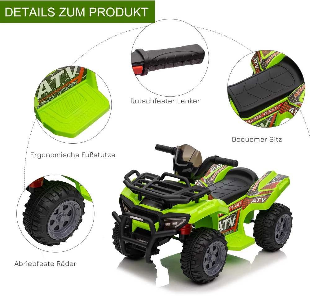 HOMCOM mini elektrinis keturratis vaikams, ATV vaikiškas automobilis su priekiniu žibintu, vaikiškas motociklas 18-36 mėnesių vaikams, žalias
