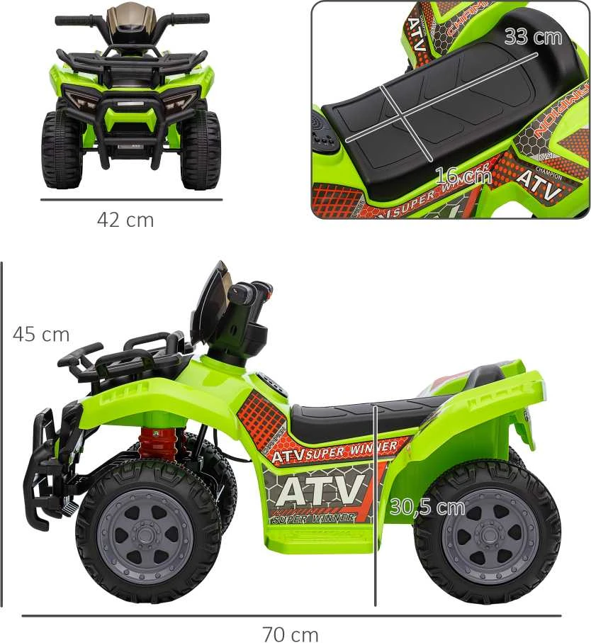 HOMCOM mini elektrinis keturratis vaikams, ATV vaikiškas automobilis su priekiniu žibintu, vaikiškas motociklas 18-36 mėnesių vaikams, žalias