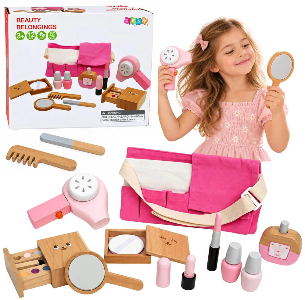 Lean Toys Medinis kosmetikos rinkinys vaikams, makiažo kosmetikos dėžutė, 12 dalių