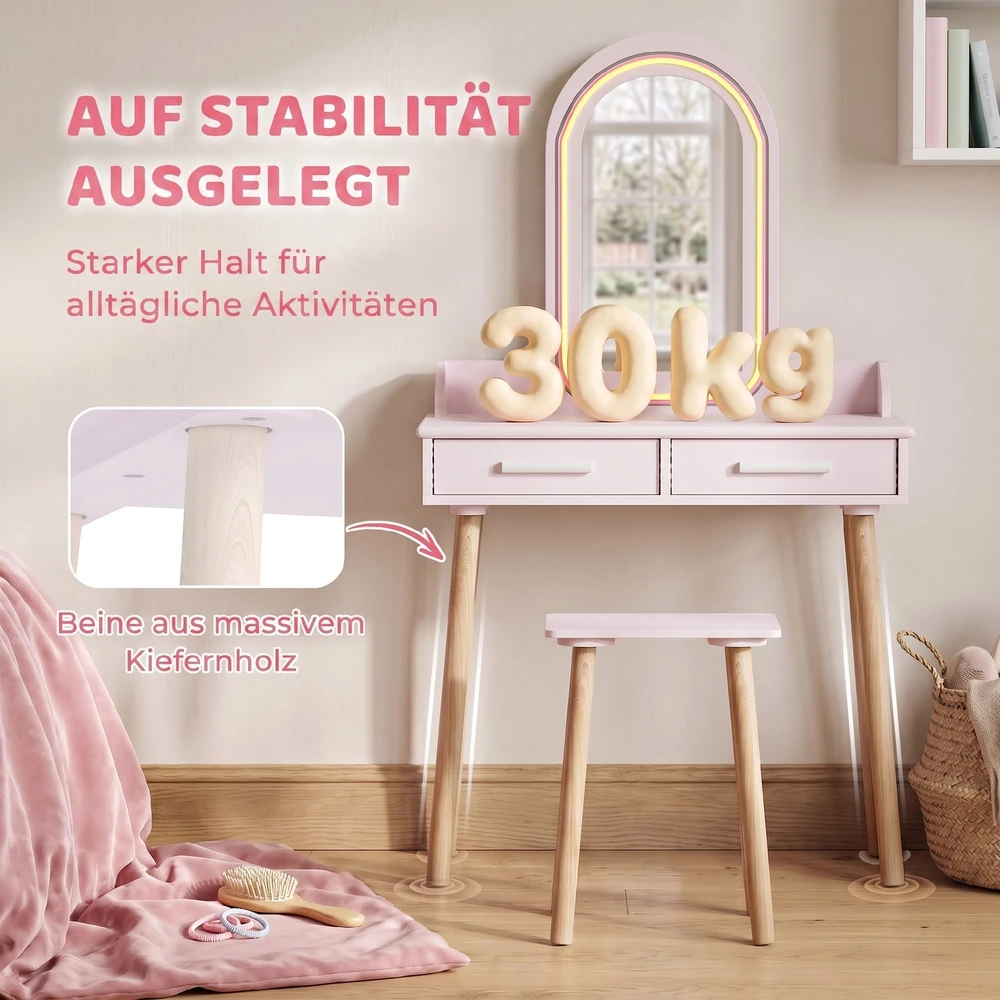Vaikiškas kosmetinis staliukas su LED veidrodžiu ir 2 stalčiais, daugiaspalvis, 60 × 36 × 100 cm, 2 dalių rinkinys