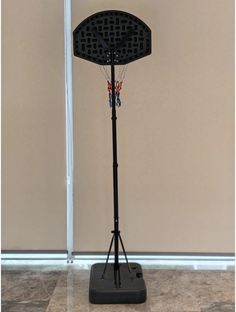 Vaikiškas krepšinio stovas, reguliuojamo aukščio, su trikoju pagrindu, juodos ir oranžinės spalvų, 95 × 67 × 235 cm