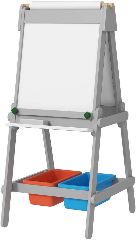 AIYAPLAY 3-in-1 vaikiška lenta, dvipusė vaikiška molbertas su kreidos lenta, magnetine lenta, molbertas su trintuku, piešimo popieriumi, laikymo dėžėmis, vaikams nuo 3 iki 8 metų, pilka
