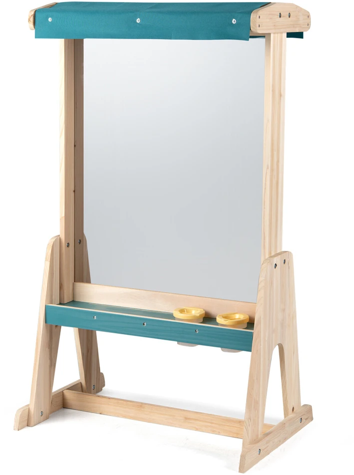 Vaikiškas molbertas su skaidria lenta ir popieriaus ritiniu, natūralios medienos ir žalios spalvos, 64,8 × 44,5 × 110,5 cm