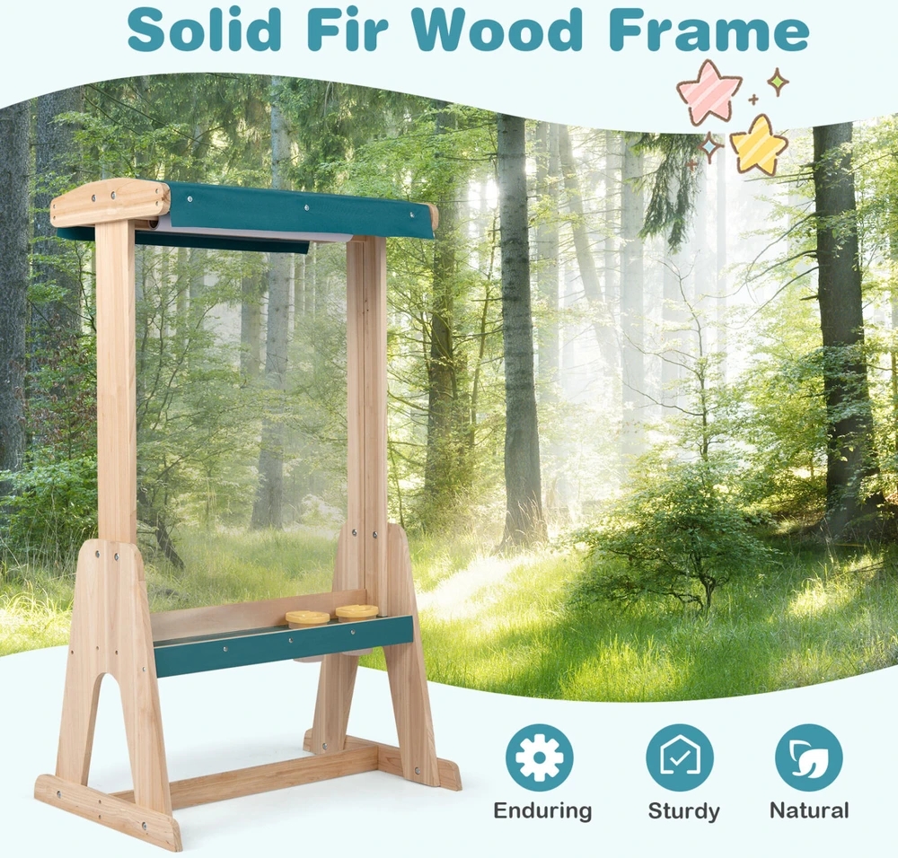 Vaikiškas molbertas su skaidria lenta ir popieriaus ritiniu, natūralios medienos ir žalios spalvos, 64,8 × 44,5 × 110,5 cm