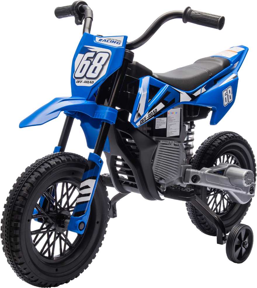 AIYAPLAY vaikiškas elektrinis motociklas, 12V motociklas vaikams su muzika, vaikiška transporto priemonė su nuimamais pagalbiniais ratukais, 2,4-5 km/val., 3-6 metų vaikams, maks. 30 kg, mėlynas