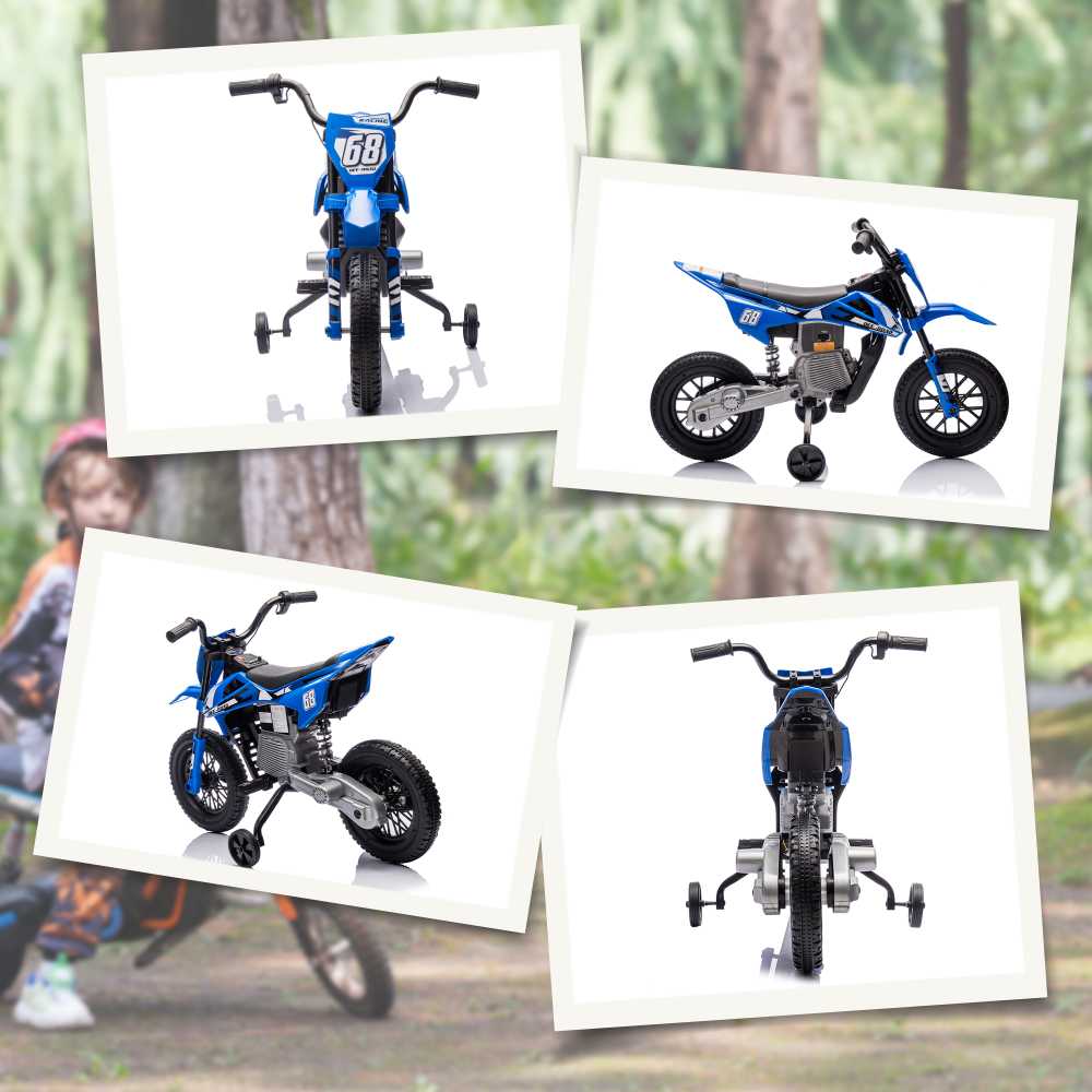 AIYAPLAY vaikiškas elektrinis motociklas, 12V motociklas vaikams su muzika, vaikiška transporto priemonė su nuimamais pagalbiniais ratukais, 2,4-5 km/val., 3-6 metų vaikams, maks. 30 kg, mėlynas