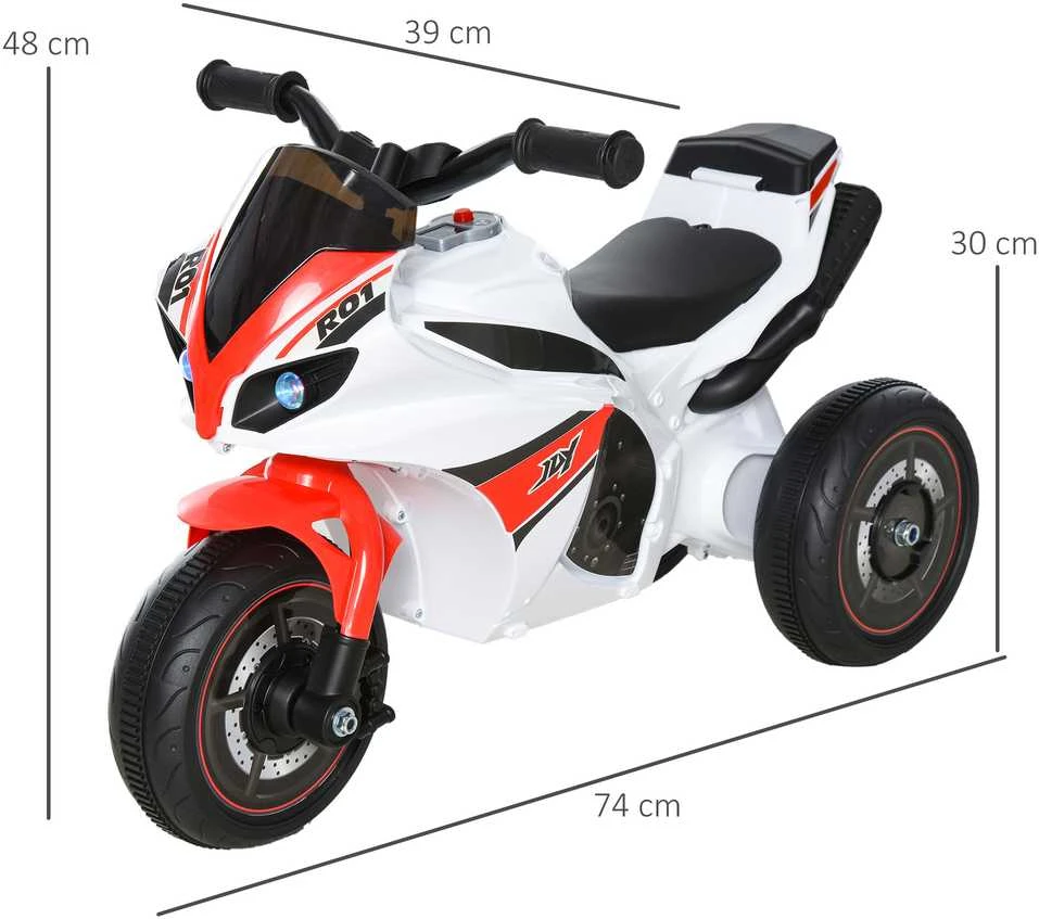 HOMCOM vaikiškas motociklas-paspirtukas, vaikiška transporto priemonė su muzika, 18-36 mėnesių vaikams, baltas, 74x39x48 cm