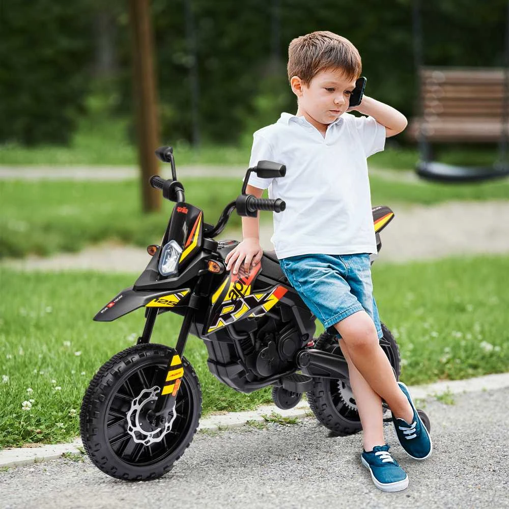AIYAPLAY elektrinis motociklas vaikams, 12 V vaikiškas motociklas su muzika, 6 km/h vaikiška transporto priemonė su nuimamais pagalbiniais ratukais, 12 colių plastikinės padangos, 3–8 metų vaikams, maks. 30 kg, geltonas