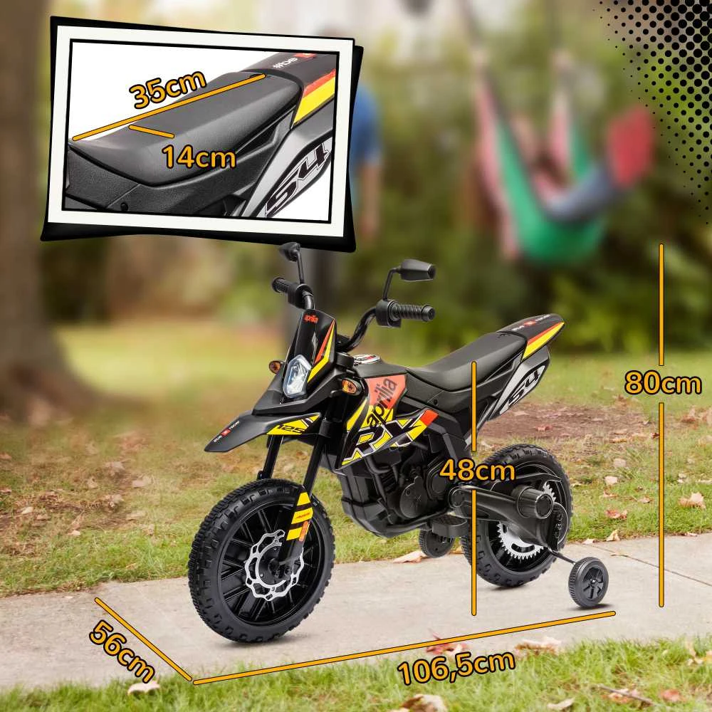 AIYAPLAY elektrinis motociklas vaikams, 12 V vaikiškas motociklas su muzika, 6 km/h vaikiška transporto priemonė su nuimamais pagalbiniais ratukais, 12 colių plastikinės padangos, 3–8 metų vaikams, maks. 30 kg, geltonas