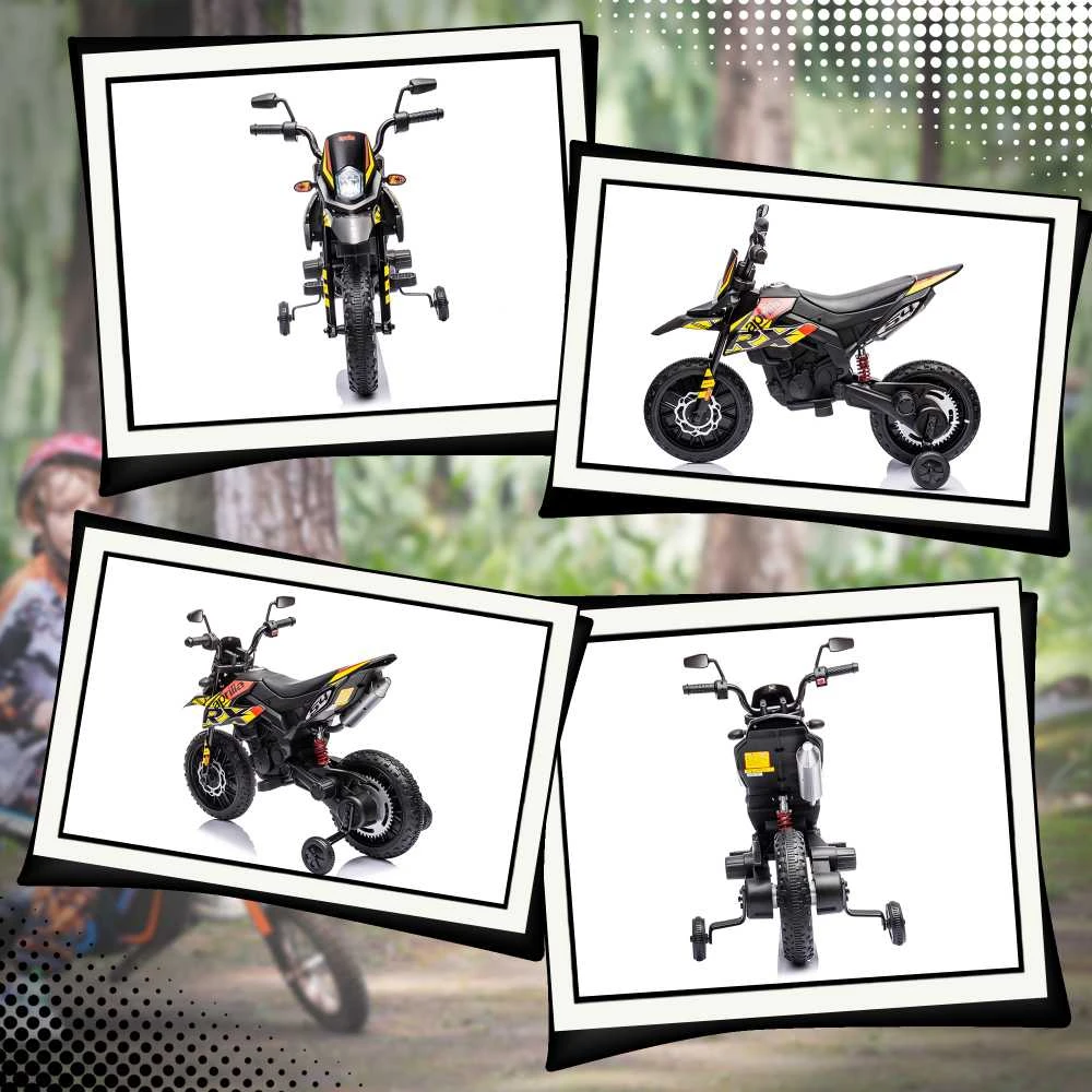 AIYAPLAY elektrinis motociklas vaikams, 12 V vaikiškas motociklas su muzika, 6 km/h vaikiška transporto priemonė su nuimamais pagalbiniais ratukais, 12 colių plastikinės padangos, 3–8 metų vaikams, maks. 30 kg, geltonas