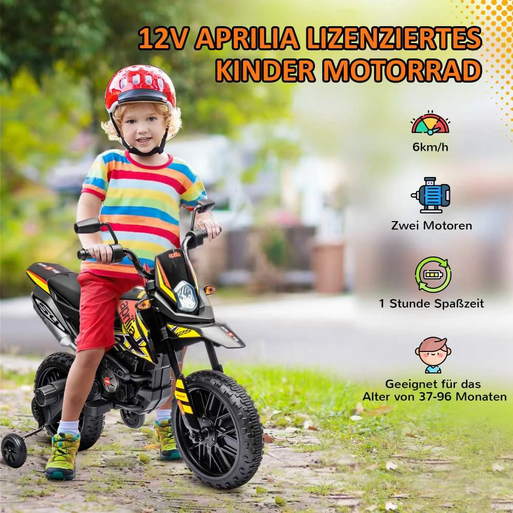 AIYAPLAY elektrinis motociklas vaikams, 12 V vaikiškas motociklas su muzika, 6 km/h vaikiška transporto priemonė su nuimamais pagalbiniais ratukais, 12 colių plastikinės padangos, 3–8 metų vaikams, maks. 30 kg, geltonas