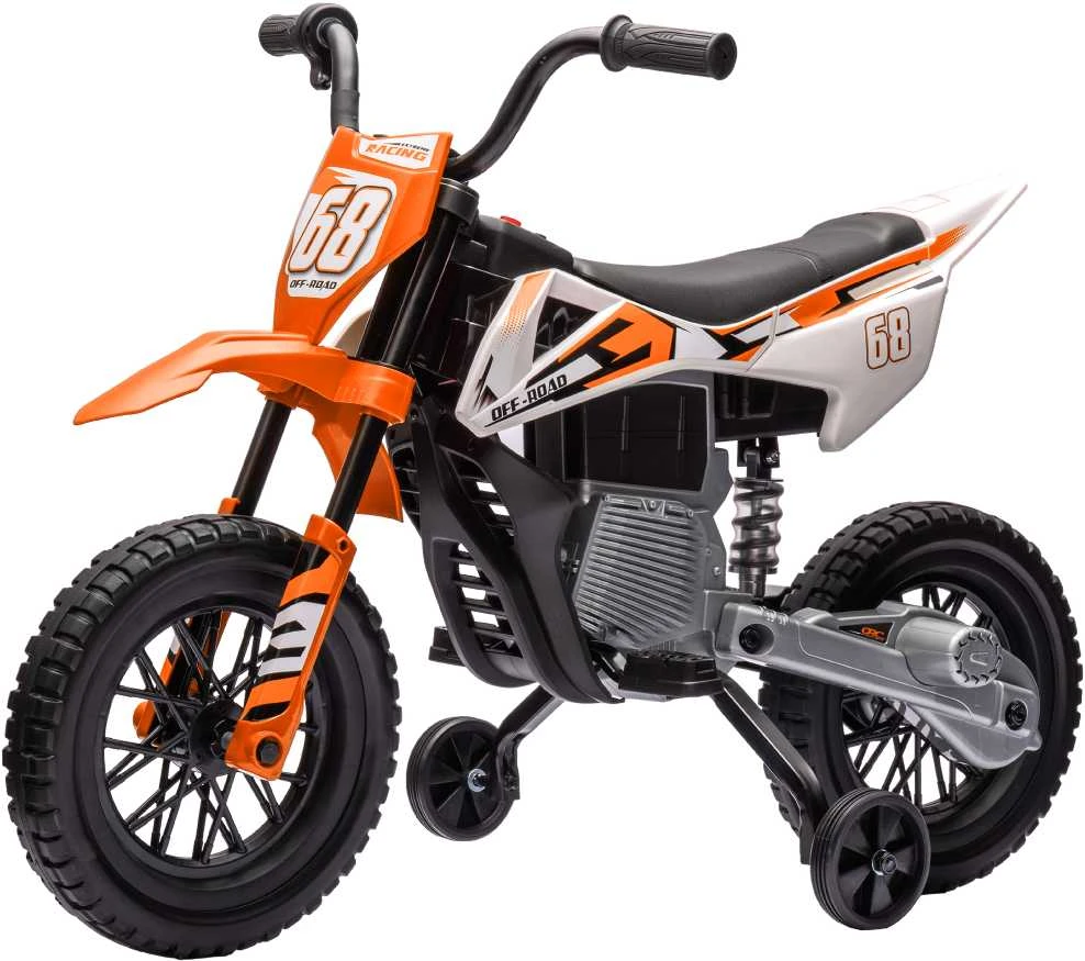 AIYAPLAY vaikiškas elektrinis motociklas, 12V vaikiškas motociklas su muzika, vaikiška transporto priemonė su nuimamais pagalbiniais ratukais, 2,4-5 km/val., 3-6 metų vaikams, maks. 30 kg, oranžinis