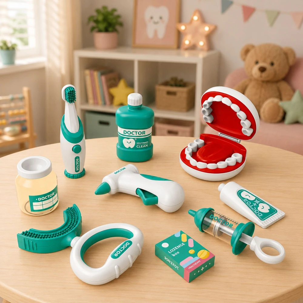 Lean Toys Vaikiškas odontologo rinkinys su vibruojančiu dantų šepetėliu ir atveriamu žandikaulio modeliu, mėlynos ir baltos spalvų, 15 dalių