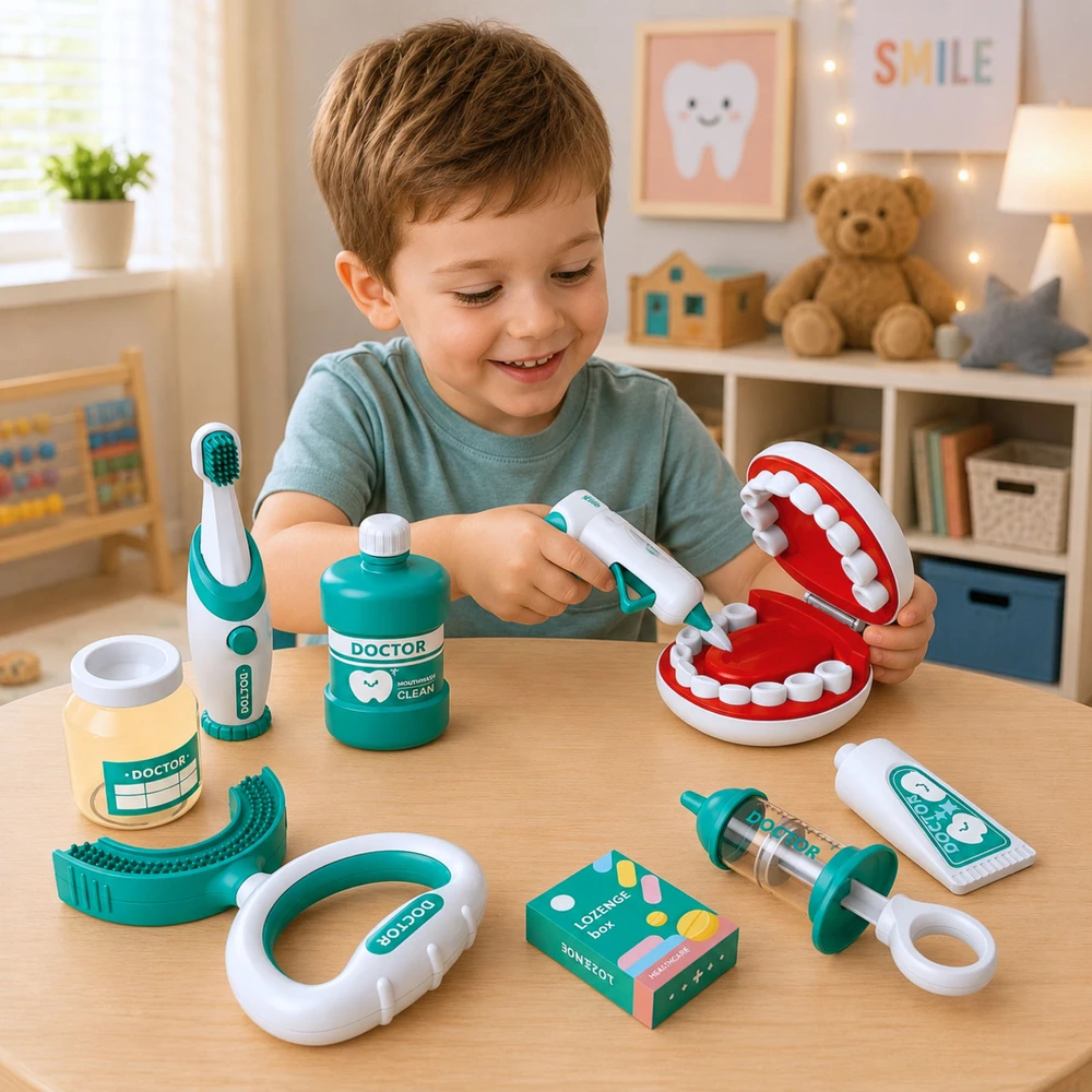 Lean Toys Vaikiškas odontologo rinkinys su vibruojančiu dantų šepetėliu ir atveriamu žandikaulio modeliu, mėlynos ir baltos spalvų, 15 dalių