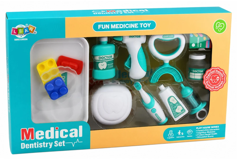 Lean Toys Vaikiškas odontologo rinkinys su vibruojančiu dantų šepetėliu ir atveriamu žandikaulio modeliu, mėlynos ir baltos spalvų, 15 dalių