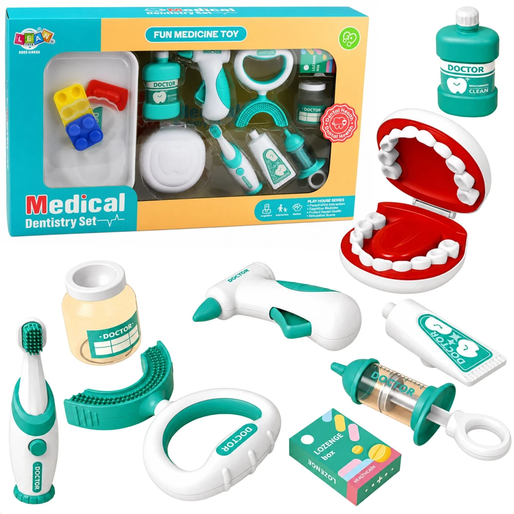 Lean Toys Vaikiškas odontologo rinkinys su vibruojančiu dantų šepetėliu ir atveriamu žandikaulio modeliu, mėlynos ir baltos spalvų, 15 dalių