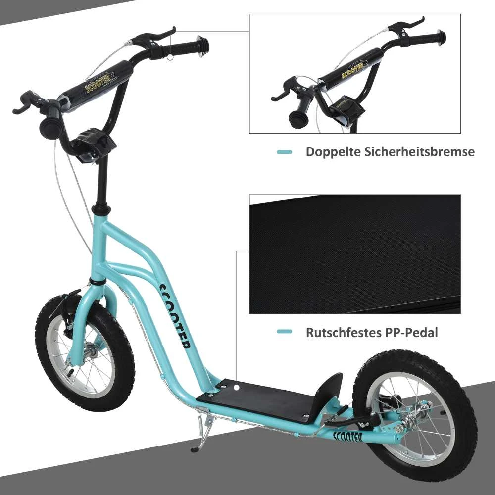 HOMCOM paspirtukas vaikams, 12 colių pripučiami ratai, nuo 5 metų, mėlynas, 120x58x75-80 cm