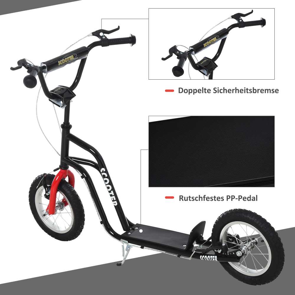 HOMCOM paspirtukas vaikams, 12 colių ratai su oru, nuo 5 metų, juodas, 120 x 58 x 75-80 cm