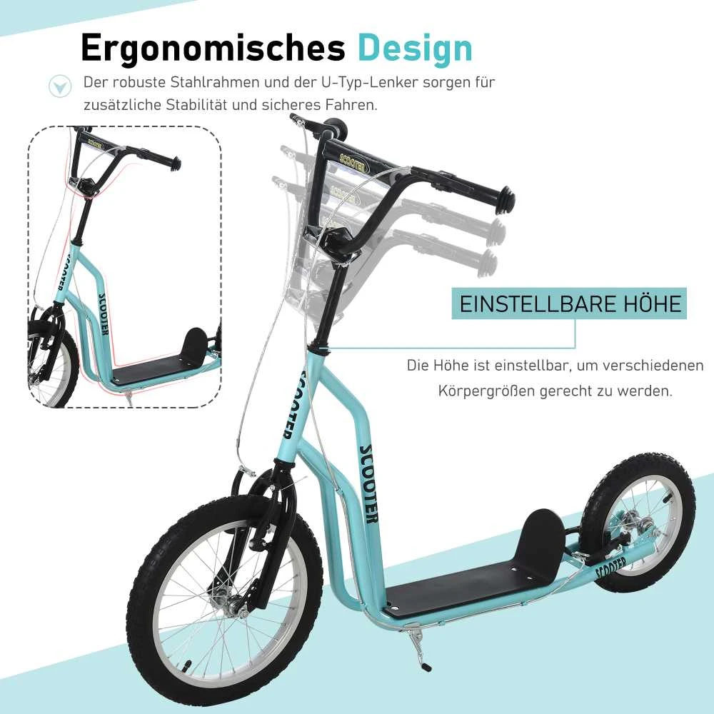 HOMCOM paspirtukas vaikams nuo 5 metų, kickboard su 16/12 colių pripučiamais ratais, mėlynas, 135 x 58 x 88-94 cm