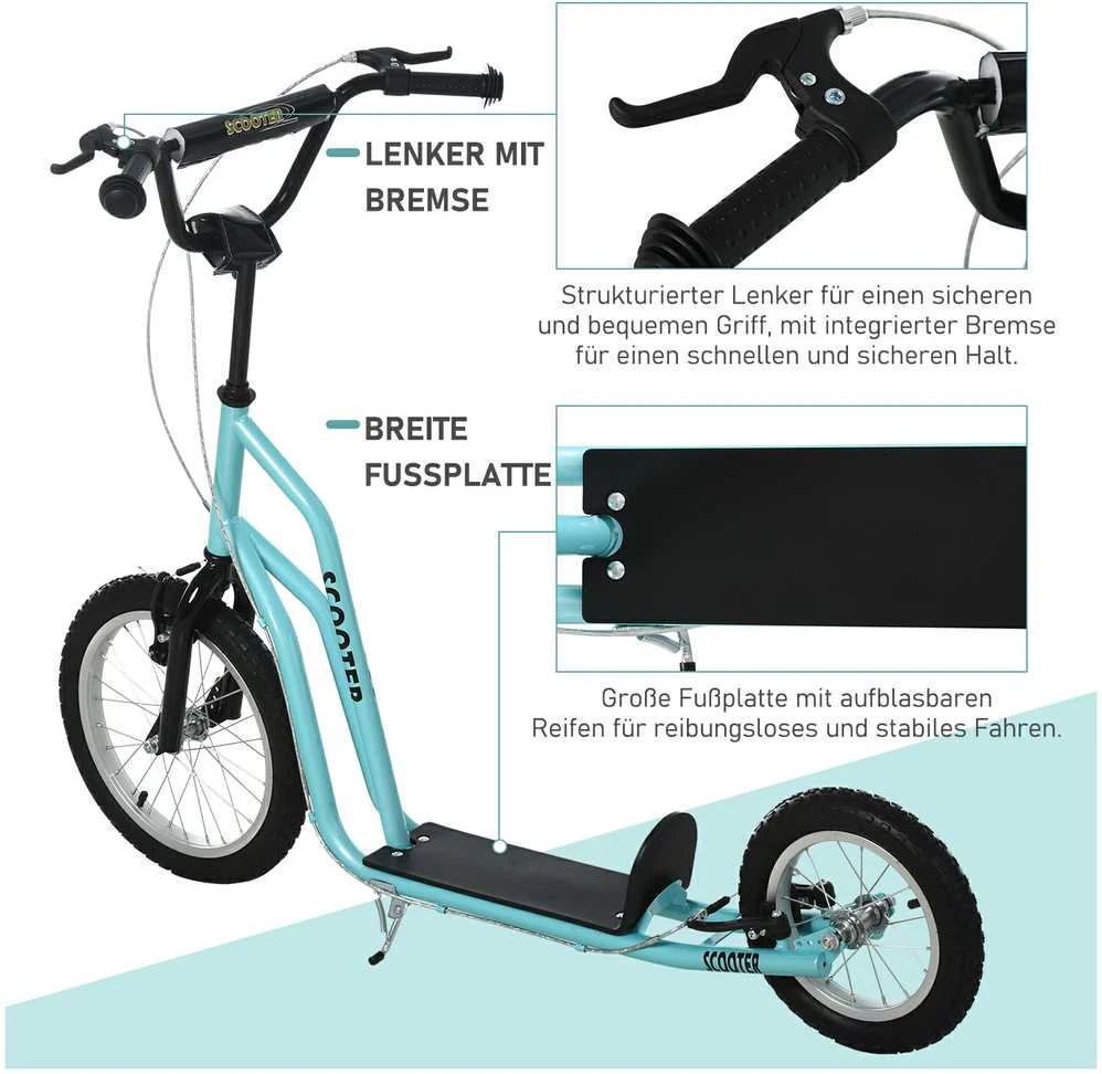 HOMCOM paspirtukas vaikams nuo 5 metų, kickboard su 16/12 colių pripučiamais ratais, mėlynas, 135 x 58 x 88-94 cm