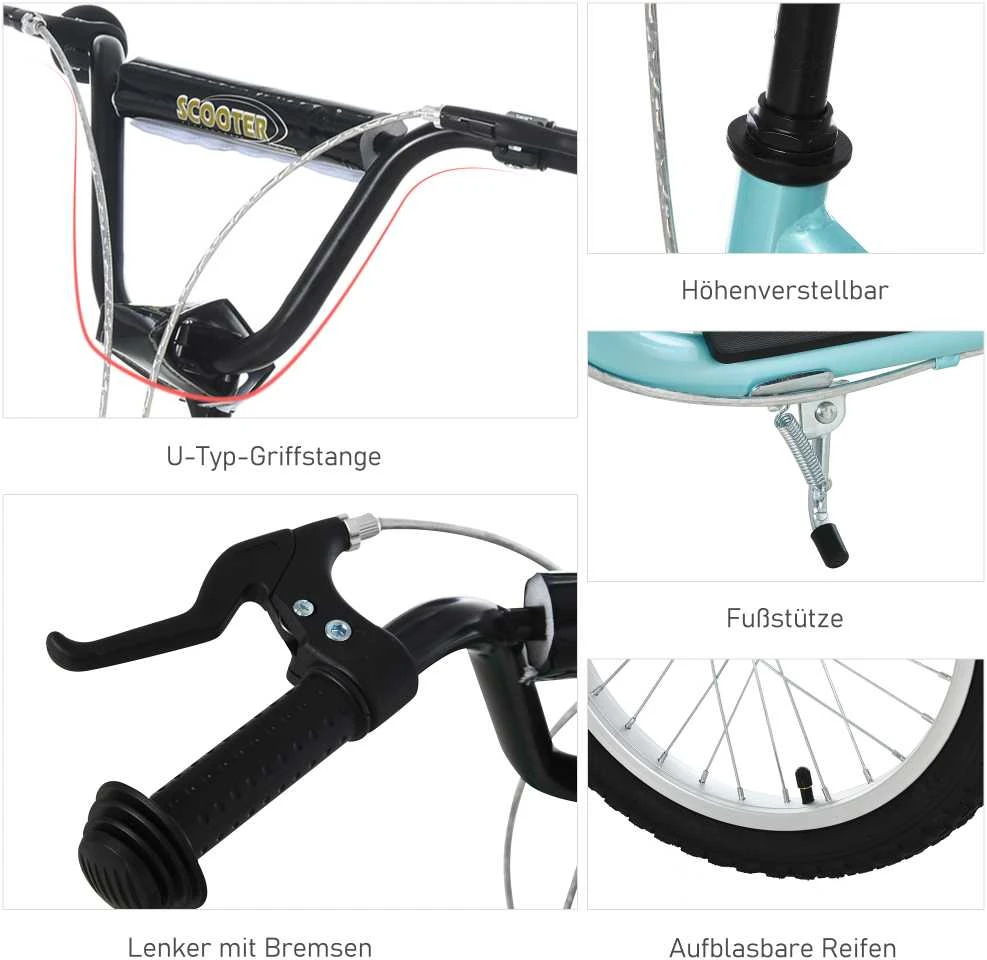 HOMCOM paspirtukas vaikams nuo 5 metų, kickboard su 16/12 colių pripučiamais ratais, mėlynas, 135 x 58 x 88-94 cm