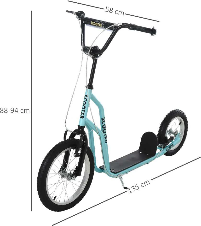 HOMCOM paspirtukas vaikams nuo 5 metų, kickboard su 16/12 colių pripučiamais ratais, mėlynas, 135 x 58 x 88-94 cm