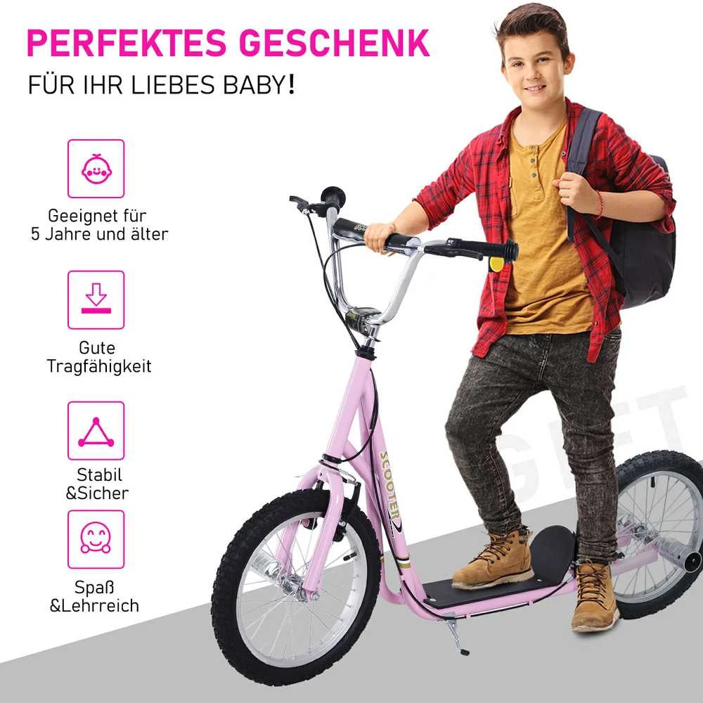 HOMCOM vaikiškas paspirtukas, 16 colių motoroleris su pneumatinėmis padangomis, reguliuojamo aukščio paspirtukas, rožinės spalvos kickscooter vaikams nuo 5 metų