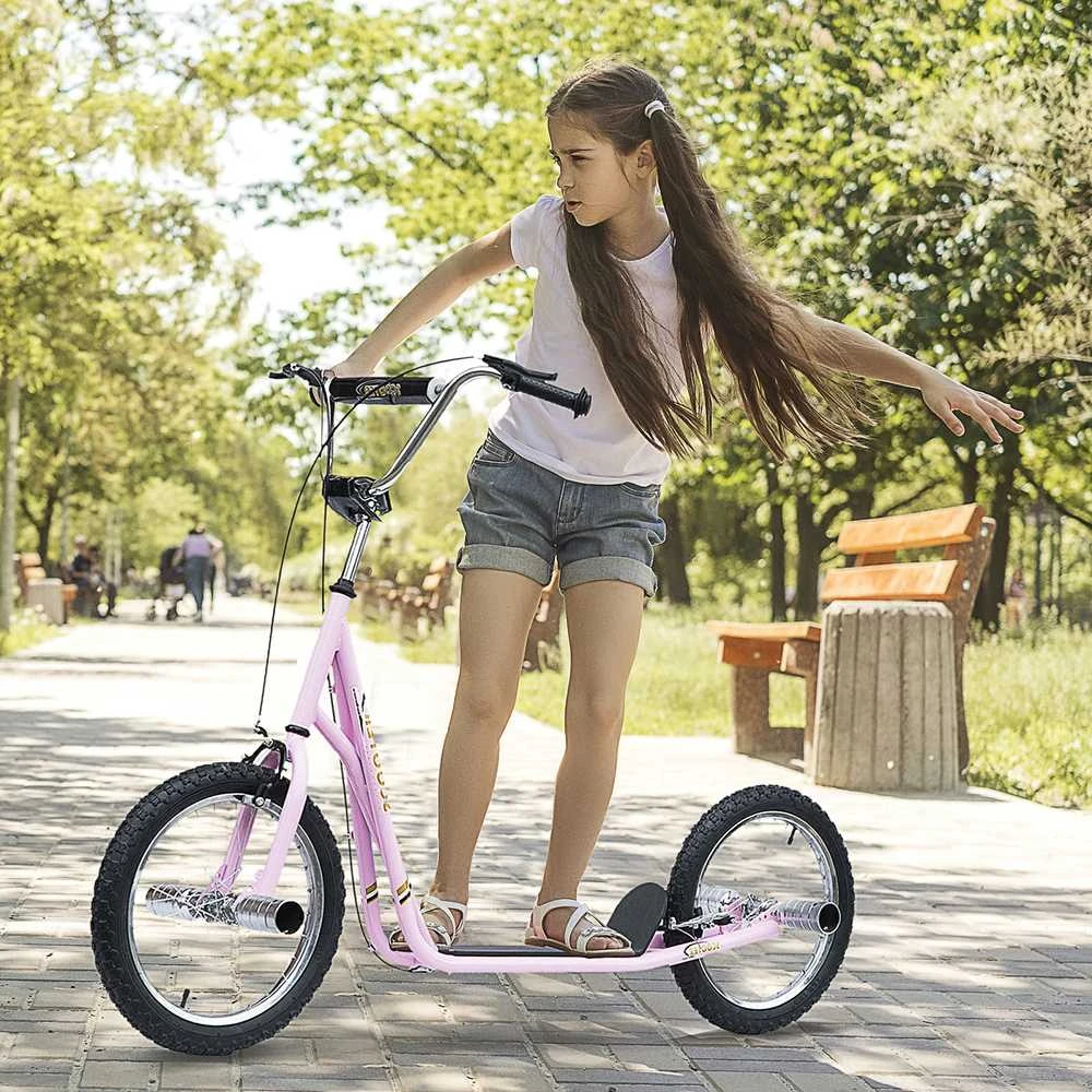 HOMCOM vaikiškas paspirtukas, 16 colių motoroleris su pneumatinėmis padangomis, reguliuojamo aukščio paspirtukas, rožinės spalvos kickscooter vaikams nuo 5 metų