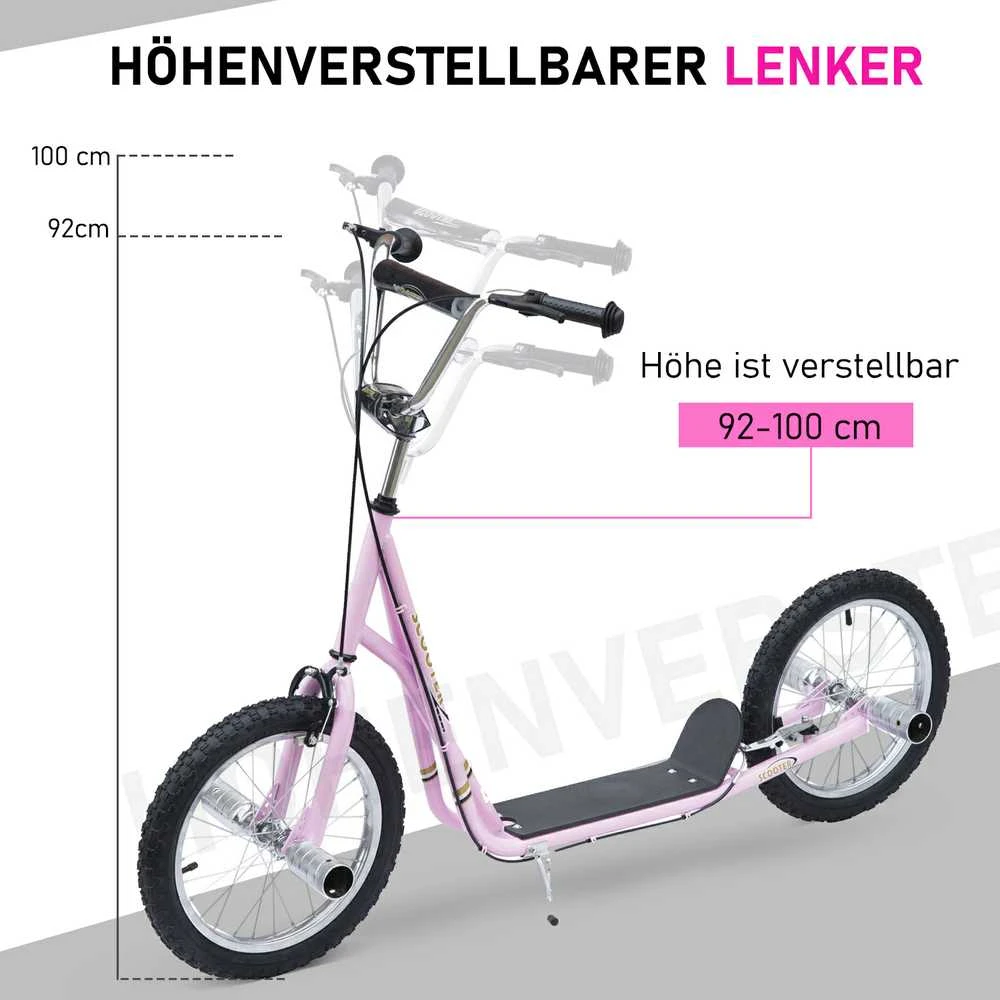 HOMCOM vaikiškas paspirtukas, 16 colių motoroleris su pneumatinėmis padangomis, reguliuojamo aukščio paspirtukas, rožinės spalvos kickscooter vaikams nuo 5 metų
