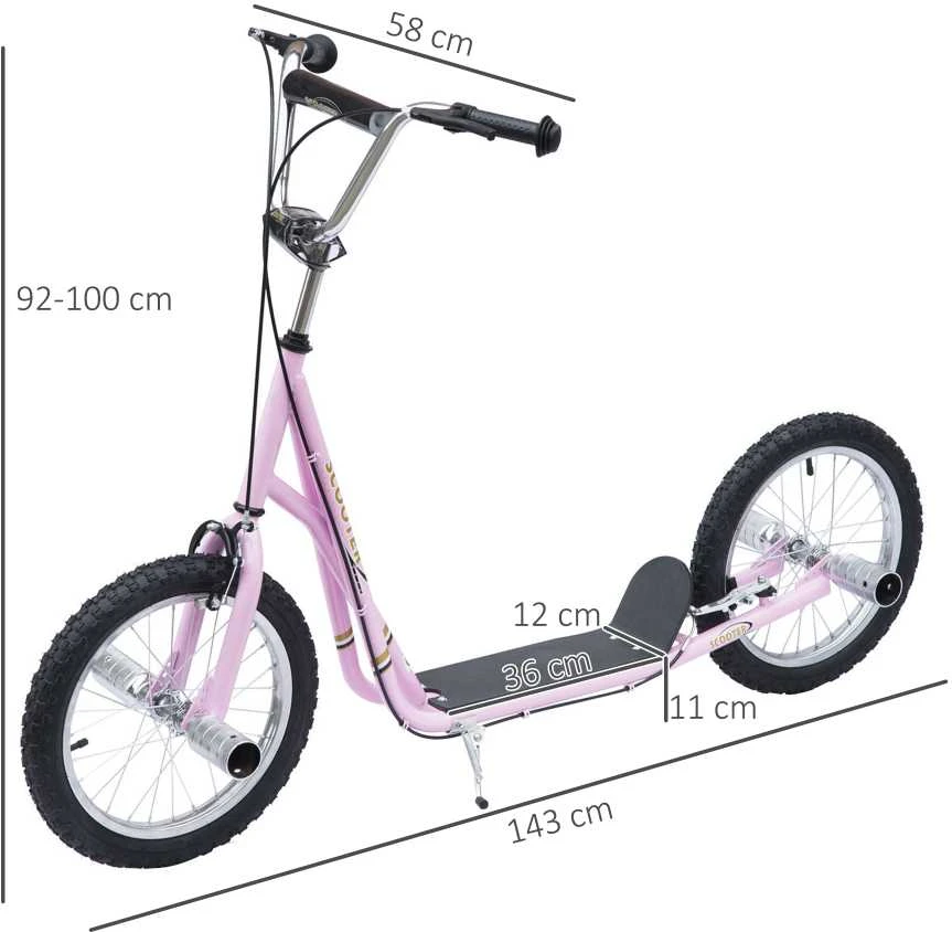 HOMCOM vaikiškas paspirtukas, 16 colių motoroleris su pneumatinėmis padangomis, reguliuojamo aukščio paspirtukas, rožinės spalvos kickscooter vaikams nuo 5 metų