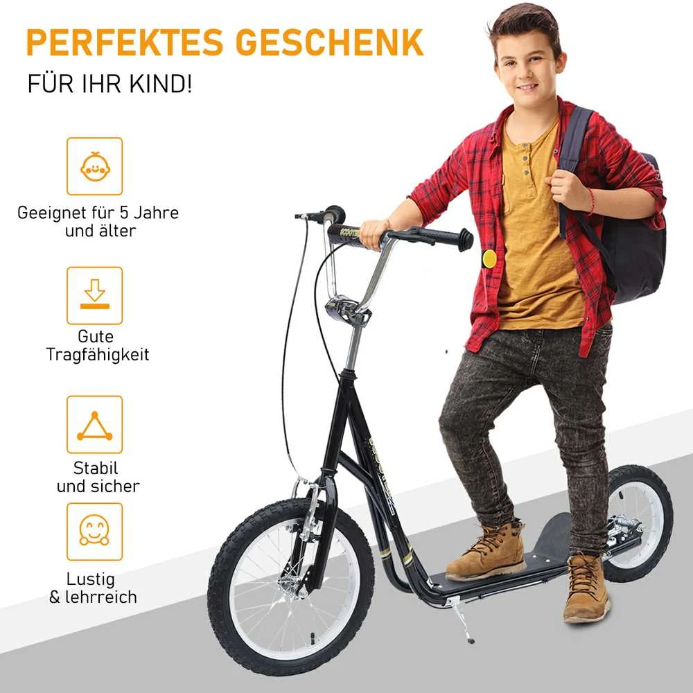 HOMCOM vaikiškas paspirtukas 16/12 colių su stabdžiais, miesto paspirtukas, vaikams nuo 5 metų, juodas, 135x58x92-100 cm