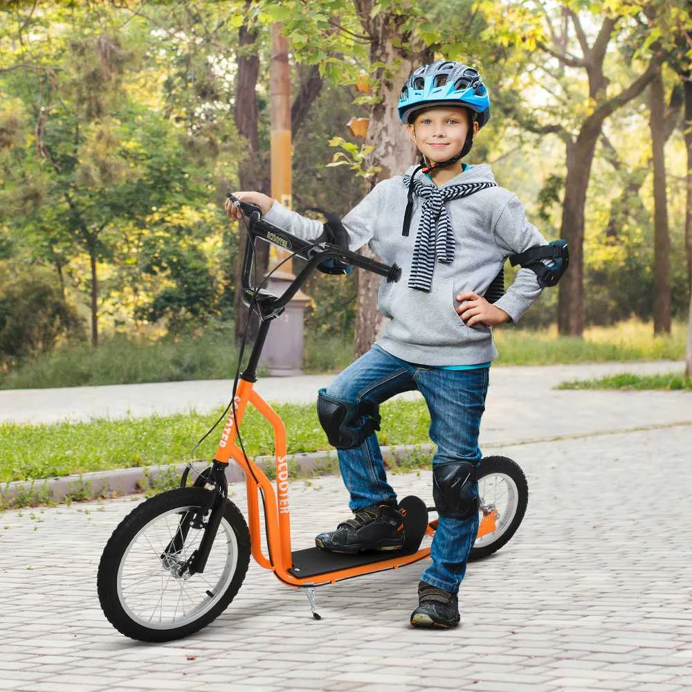 HOMCOM vaikiškas paspirtukas, skirtas vaikams nuo 5 metų, miesto paspirtukas su 16/12 colių pripučiamais ratais, oranžinis, 135 x 58 x 88-94 cm