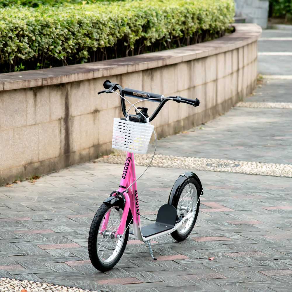 HOMCOM vaikiškas paspirtukas su stabdžiais, krepšeliu, reguliuojamo aukščio, skirtas 5-12 metų vaikams, aliuminio lydinys, guma, rožinė/balta spalva